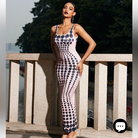 Mew Mew Ishi Black Dot Printed Form Fitting Women’s Maxi Dress In Blush NWT S - Picture 2 of 16